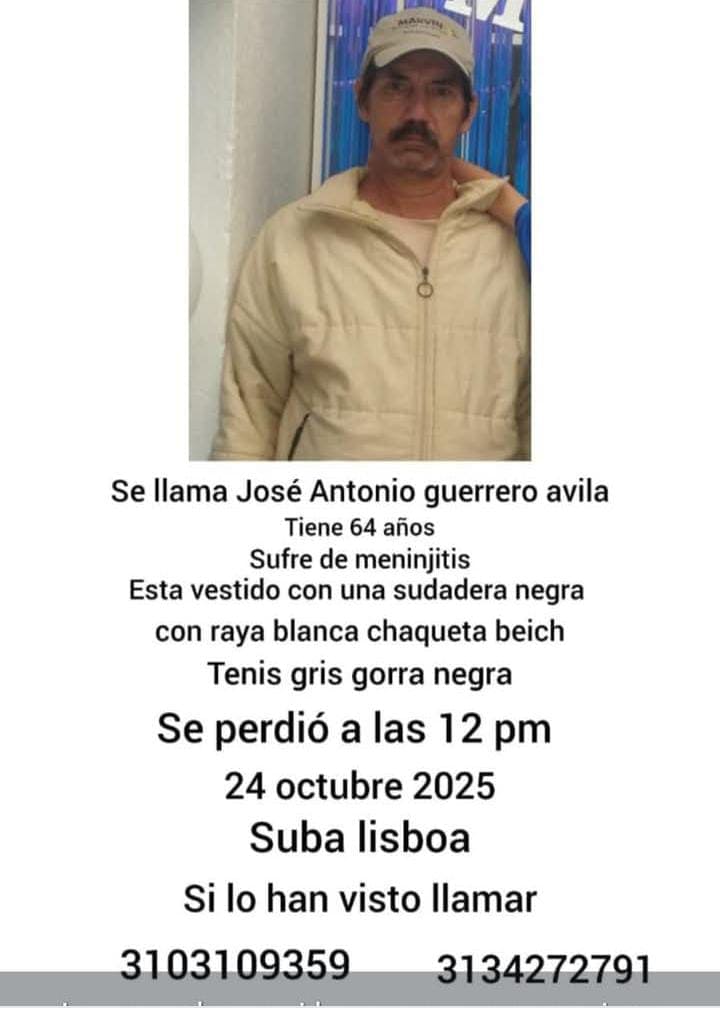 Búsqueda urgente: adulto mayor desaparecido en el barrio Lisboa en Suba