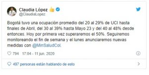 Última hora: Bogotá llegó al 50 % de ocupación en UCI; Dice Claudia López