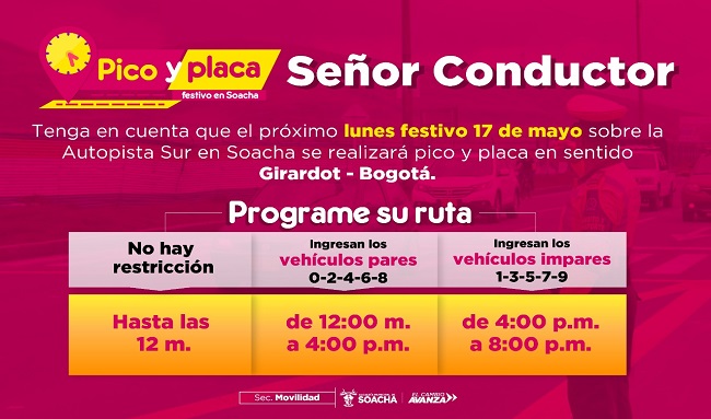 Soacha tendrá pico y placa el 17 de mayo en puente festivo