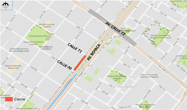 Cierre total de la calzada lenta sentido Norte – Sur de la Av. Boyacá entre la calle 71 y la calle 70 por dos meses