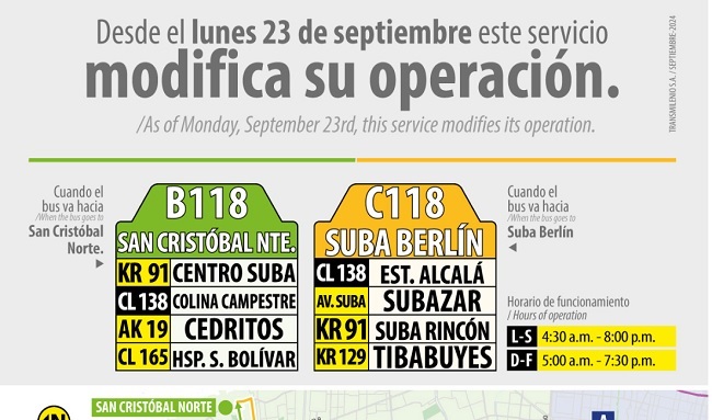 Modificación en el recorrido del servicio B118 – C118 en Suba mejorará la movilidad en Tibabuyes