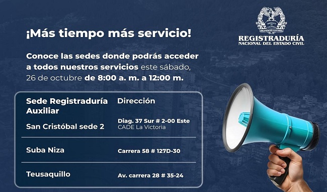 Jornada Especial de Servicios en la Registraduría de Suba Niza este sábado 26 de octubre