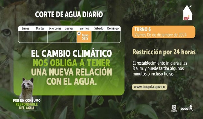 Cortes de agua para este viernes 6 de diciembre en Suba (Turno 6)