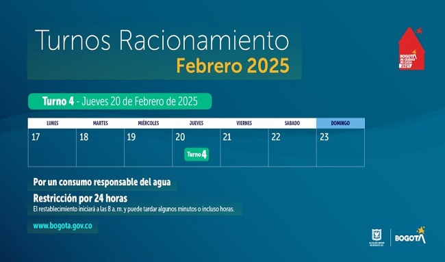 ¡Turno 4! Racionamiento de agua en Bogotá y Soacha este jueves 20 de febrero