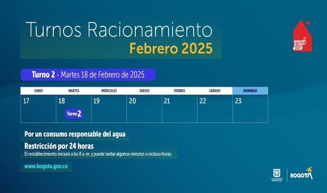 Racionamiento de agua en Bogotá y Cota este martes 18 de febrero ¡Turno dos!