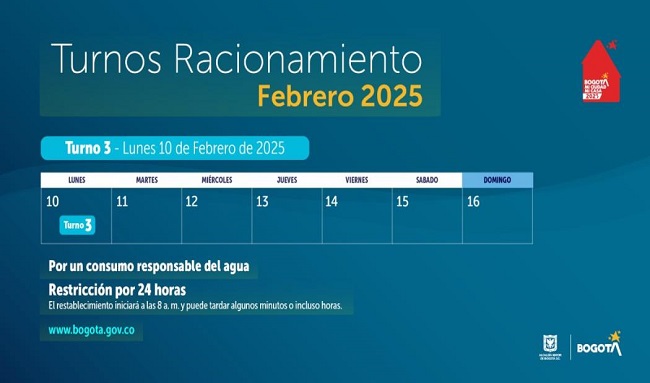 ¡Turno 3! Barrios con racionamiento de agua en Bogotá lunes 10 de febrero 2025