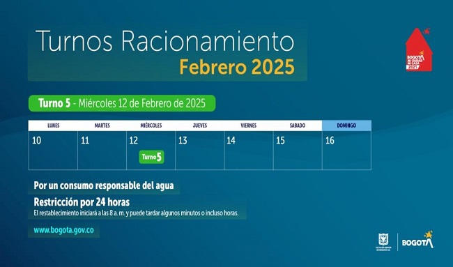 Racionamiento de agua en Bogotá miércoles 12 de febrero de 2025 ¡Turno cinco!