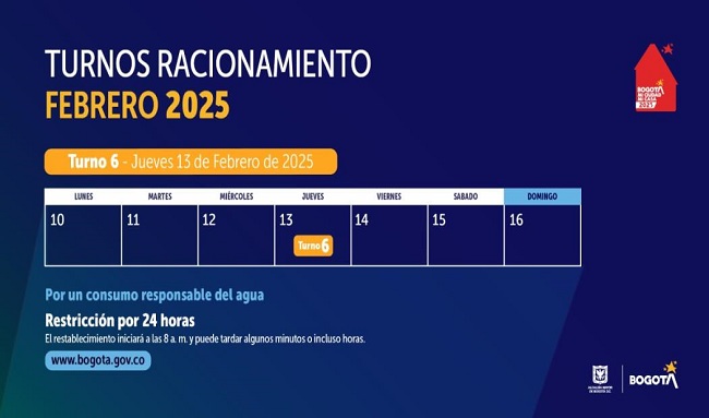 ¡Turno 6! Racionamiento de agua en Suba y Soacha jueves 13 de febrero de 2025