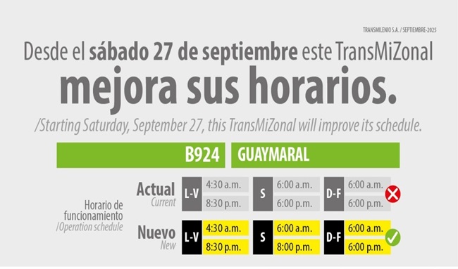 TransMiZonal B924  Guaymaral, Suba extiende su horario sabatino a partir del 27 de septiembre