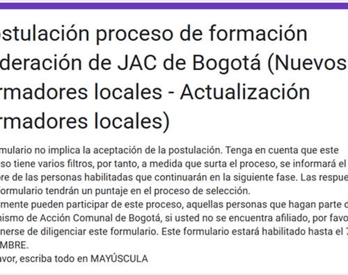 Abren convocatoria para formador comunal local en Bogotá