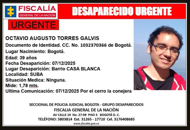 URGENTE: Buscan a Octavio Augusto Torres Galvis, desaparecido en la localidad de Suba