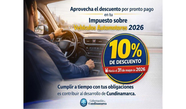 Cundinamarca ofrece 10% de descuento en impuesto vehicular 2026