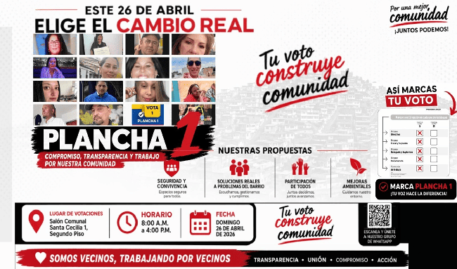 Plancha 1 de Santa Cecilia I invita a votar este 26 de abril en elecciones comunales