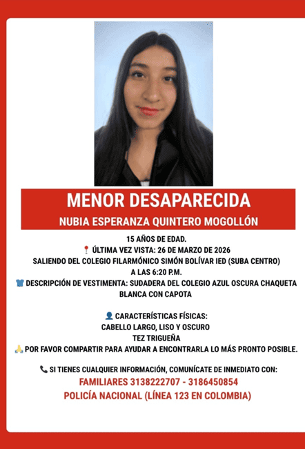 Menor de 15 años completa más de 15 días desaparecida en Suba: fue vista por última vez cerca de su colegio