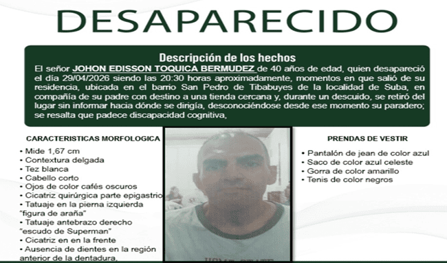 Buscan a hombre desaparecido en Suba tras salir de su casa en San Pedro de Tibabuyes