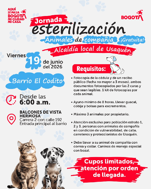 Jornada de esterilización gratuita para mascotas llega este viernes a El Codito en Usaquén