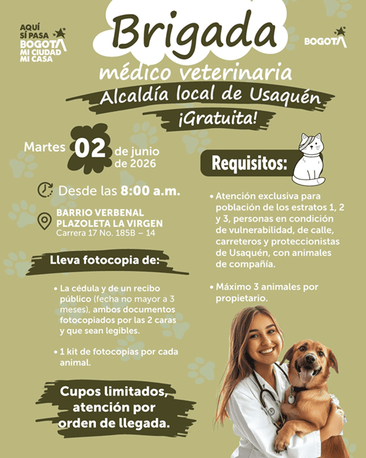 Brigada Médico Veterinaria gratuita llegará a Verbenal para atender animales de compañía