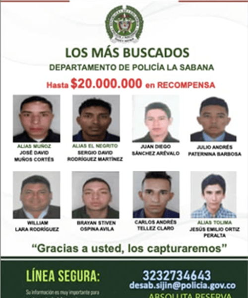 Ofrecen $20 millones de recompensa por información sobre los más buscados en Bogotá-Región y la Sabana