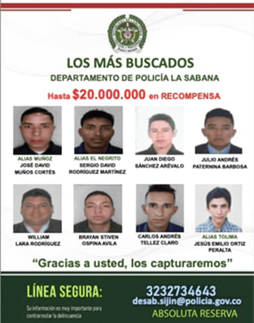 Ofrecen $20 millones de recompensa por información sobre los más buscados en Bogotá-Región y la Sabana