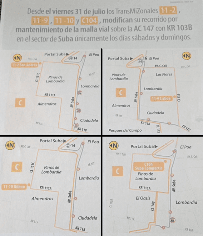 Mantenimiento en puente de la avenida Suba cambiará recorridos de cuatro rutas alimentadoras
